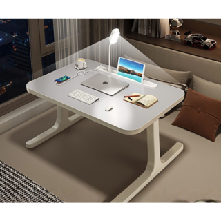 多功能折疊床上書桌 筆記本電腦學習懶人桌, 淺灰 USB+護眼燈, 淺灰 USB+護眼燈