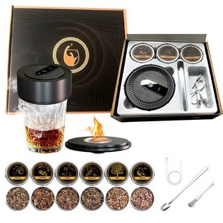 위스키 훈연 스모크 칵테일 스모커 키트 훈제 연기 불향 위스키스모커 기본 얼음 세트 + 우드 케이스 1개, 전동 위스키 훈제기 원형