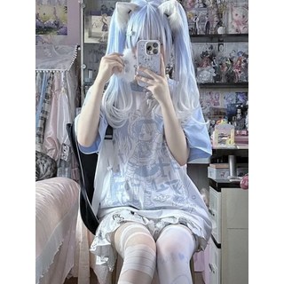 귀여운 키작녀 일본 하라주쿠 멘헤라 패션 일러스트 씹덕티 하늘색 나그랑 반팔티셔츠