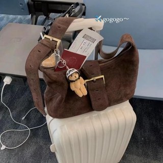 磨砂絨面斜挎包，秋冬復古通勤腋下包，韓國小眾設計, 棕色,包包