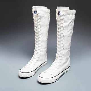 여성용 캔버스 롱 부츠 하이 탑 신발 레이스 업 무릎 플랫 캐주얼 가황 스니커즈 소녀, 09 40, 03 White