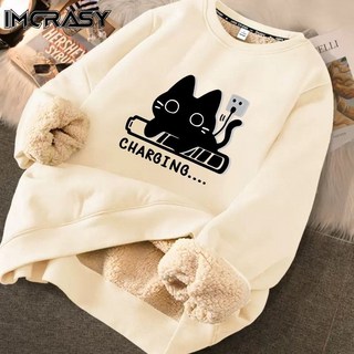 IMCRASY國潮牌新款羊羔絨長袖衛衣秋冬季加絨加厚男女保暖in..., 黑色【黑貓】,S 70斤內