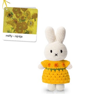 橘荷屋 荷蘭 Just Dutch 手工編織米飛兔梵谷系列娃娃，精緻手工，藝術啟蒙，安全耐用, 1個, Miffy+向日葵 洋裝 新款, 黃色, 約23cm