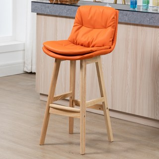實木吧臺椅現代簡約皮吧椅輕奢家用酒吧椅設計師款高腳凳吧檯凳子吧椅, 1個, 72CM原木色框架橘色皮, 72CM原木色框架橘色皮