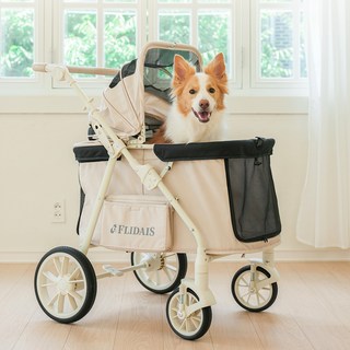 플리다스 일체형(웨건형) 원터치 강아지 유모차 애견 반려견 개모차, 모카베이지