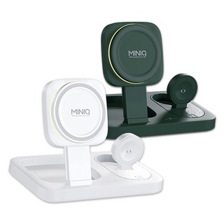 MINIQ 15W快充三合一伸縮折疊無線磁吸充電座 觸碰式氛圍燈 iPhone/Watch/Airpods, 軍綠, 1個