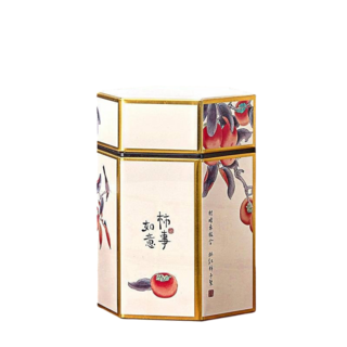 六角造型柿子圖案茶葉罐，馬口鐵密封儲物罐，廚房乾貨收納罐，防潮保鮮, 【高款】柿柿如意, 1個