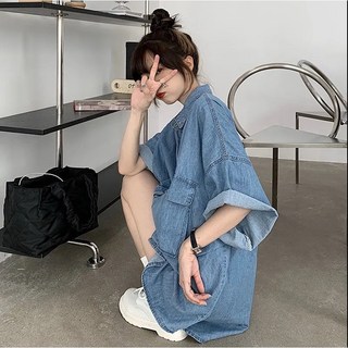 臺灣發貨- L 6XL 大尺碼 女生牛仔短袖襯衫 復古寬鬆 短袖牛仔上衣 薄款 胖MM 素色 鈕扣 大口袋 襯衫