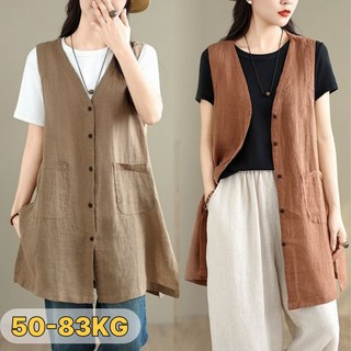 UNIQUEZON 중년여성 린넨 긴 조끼 무지 베스트 가디건 빅사이즈 봄여름 엄마옷 40대50대60대