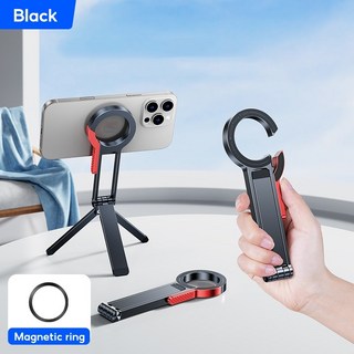 401可折疊口袋磁性自拍杆 登山扣搭扣手機支架戶外旅行懶人支架攝影三腳架, 黑色 - 無遙控器, 1個