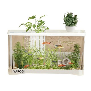 신소재 초고강도 충격방지 크리스탈 클리어 어항 & 거북이 테라리움 에코 어항 세트 (뚜껑+장식 포함), 1세트, 흰색