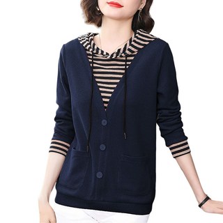 ROYALBELLE 여성 레이어드 후드 티셔츠 줄무늬 긴팔 상의 엄마옷 캐주얼룩 V11610