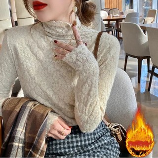 ROYALBELLE 여성 레이스 긴팔티 슬림핏 패션 목폴라 기모 섹시 티셔츠 D0120907