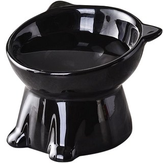 寵物陶瓷碗 加高貓碗 傾斜碗口 貓耳造型 穩固底座 貓咪舒適飲食, 黑色水碗（多多喝水）, 1個