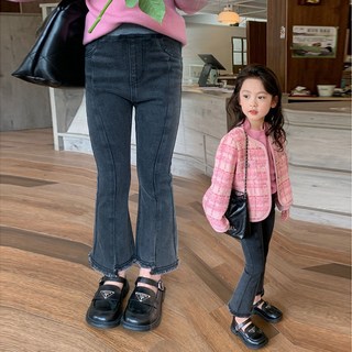 女童牛仔喇叭褲，毛邊九分牛仔褲，網紅洋氣顯瘦