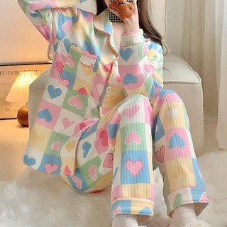 여성용 가을 겨울 수면 잠옷 긴팔 누빔카라 컬러하트 상하세트 파자마 빅사이즈 따뜻한 포근한 홈웨어