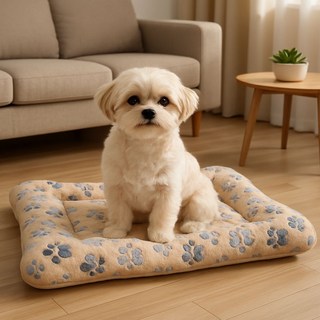 리빙루트 강아지 수면 담요매트 쿠션 방석, 1개, 발도장 베이지
