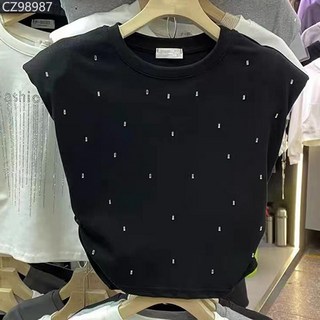 十三行2024夏季新款修身燙鑽圓領墊肩無袖t卹女坎肩背心寬鬆上衣