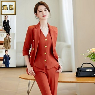 遇見 長袖新款韓版時尚修身女職業西裝套裝工作服OL上班族4色-有加大尺寸9303