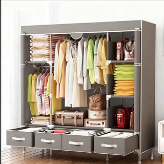 簡易衣櫃 衣櫥組裝衣櫃 大容量佈衣櫃 租房抽屜式衣櫃, 灰白色75CM+含布套+送2個抽屜, 灰白色