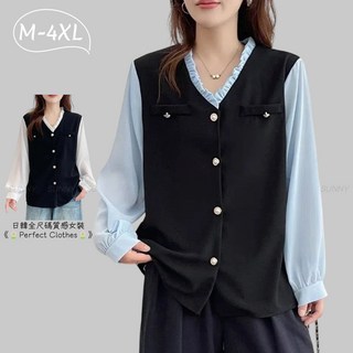 大尺碼雪紡上衣 L-4XL 拼接假兩件長袖襯衫 秋季新款寬鬆顯瘦V領上衣