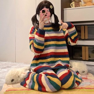 彩虹條紋睡衣女冬季珊瑚絨加厚法蘭絨家居服套裝秋冬款保暖半邊絨