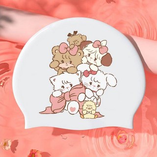 MIKKO成人泳帽女加大矽膠長髮不勒頭高彈力防水訓練大頭圍游泳帽, 白色MIKKO防水泳帽單面圖案, 1個