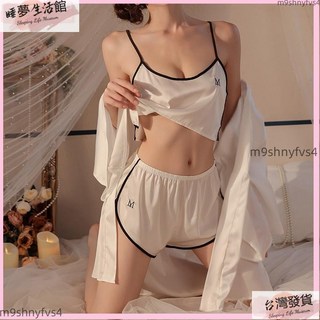 法式性感睡衣 弔帶短褲外袍三件套 冰絲睡衣套裝 休閒薄款家居服 絲滑緞麵睡衣 睡衣睡袍套裝