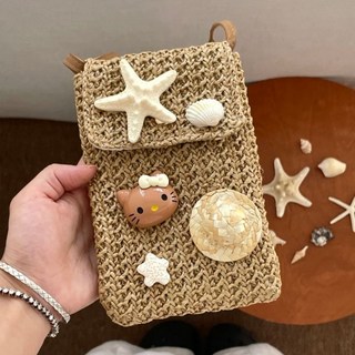 貝殼海星編織斜挎包 夏日海島度假風手機包, 1個, 貝殼海星編織包