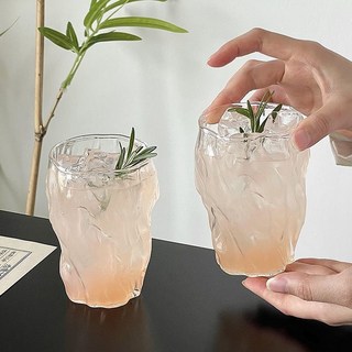 復古玻璃杯 韓國玻璃杯 透明玻璃杯 冷水杯 小衆設計感褶皺杯子手工耐熱玻璃杯咖啡杯果汁杯飲料杯飲品杯酒杯, 1個, 百奇樹根杯280ml【加厚款】兩隻裝