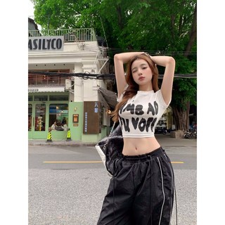 歐美甜辣妹正肩短袖T恤女夏白色字母印花修身顯瘦露臍純欲風上衣