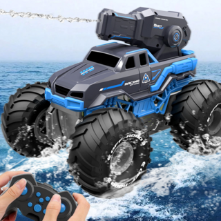 Apnoo 대형 오프로드 수륙양용 RC카 자동물대포 4륜 구동 RC카 360도 회전 가능 RC카 충전식 무선조종rc카, 블루1 리모컨, 1개