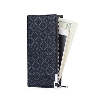 William POLO 經典黑色印花長夾 男士多卡位拉鍊皮夾 韓版潮流手拿包