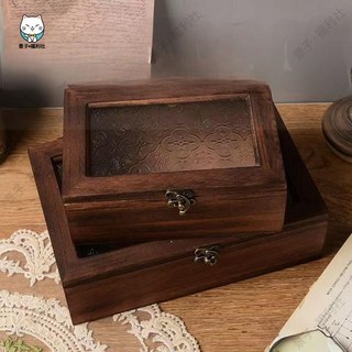 嘉義出貨 木質海棠花玻璃複古收納盒 北歐風桌麵收納盒 化妝品收納櫃 雜物收納櫃子 帶抽屜盒 裝飾盒 翻蓋木盒, 松木收納盒中號, 1個