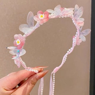 兒童花環頭箍飄帶2025新款公主蝴蝶編髮髮飾小女孩超僊, 粉色髮箍, 1個
