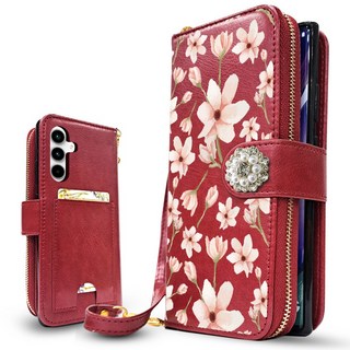 [버건디] 외부지퍼빽포켓 엘로이즈 플로망스 패턴 DIA 포켓 지갑형 수납형 다이어리 내구성 좋은 다이어리 핸드폰 케이스 + 손목 줄 가죽 스트랩