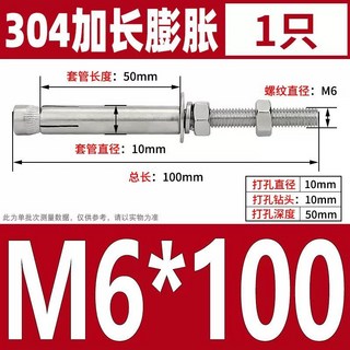 304不鏽鋼 加長膨脹螺絲 M10*120mm, 1個, M6打孔10mm（1支價）
