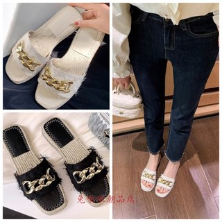 編織羅馬拖鞋2cm百搭平底拖鞋編織涼鞋韓國女鞋高級感法式草編麻繩平底一字拖外穿金屬扣涼拖鞋防滑耐磨, 黑色,36【230】