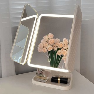 집드리 LED 탁상 거울 접이식 화장 접이식 거울 메이크업 C type 무선 조명 거울, 화이트