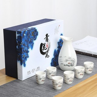 青花瓷酒具禮盒裝，一壺六杯，陶瓷燒酒壺，白酒分酒器 PUMT, 暮江垂釣, 1個