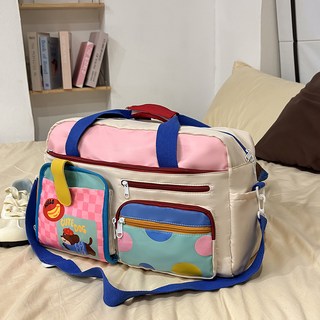 新款高級感小衆短途旅行包女大容量行李袋手提包待產包撞色健身包, 1個, 白配粉