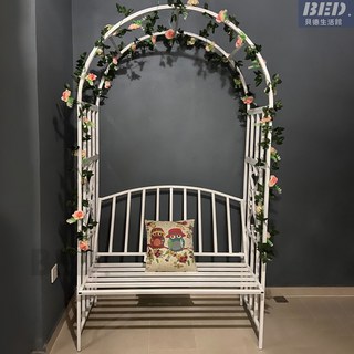 拱門花架歐式鐵藝拱門座椅陽臺裝飾小型帶頂椅子拱門爬藤架拱形花架綠植爬藤架拱門座椅架植物攀爬架, 青綠色 坐墊尺寸110*35