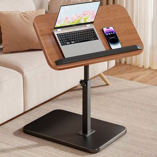 床架可陞降 可移動簡易置物架 可移動置物床架升降床邊書桌電腦桌簡易床頭柜ins可翻轉置物架客廳移動沙發邊幾, 胡桃色黑架 加厚桌面,自由升降 360度旋轉桌面