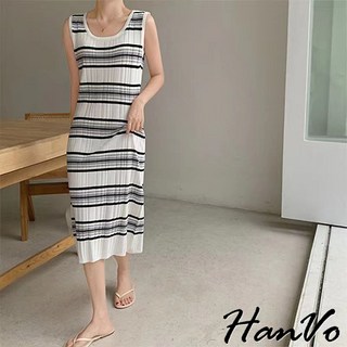 HanVo 知性彈力條紋針織長洋裝 - 韓系簡約透氣親膚舒適修身顯瘦韓國女裝