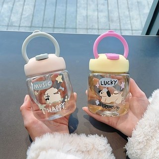 塑料水杯學生吸管杯 PC塑料隨手杯 直飲吸管可愛便攜水杯, 萌寵系列（提手塑料杯）,白色-400ML, 1個