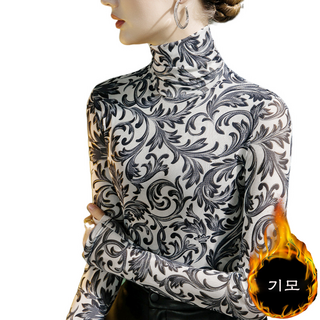 댄스복 상의 여성용 폴라 망사 기모/ 무기모 스판 슬림 플라워 핫픽스 프린트 긴팔 티셔츠 Women's T-shirt