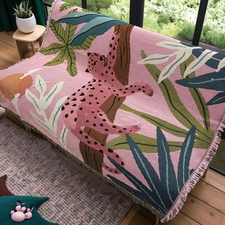 粉色豹紋植物圖案針織蓋毯，沙發蓋布，提升居家氛圍感