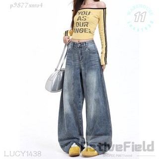 美式復古高腰彎刀寬鬆闊腿牛仔褲