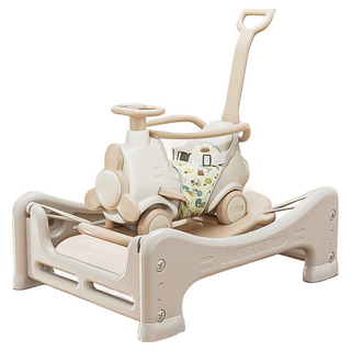 台灣出貨 2025新款多功能兒童搖搖馬：小飛機造型、安全材質、搖搖車/推車/搖搖椅多模式, 1個, 奶咖色+搖搖馬+護槓+安全繩+坐墊+蹦蹦