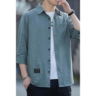 男士長袖襯衫 抗皺免燙七分袖 韓版學院風工裝襯衫
